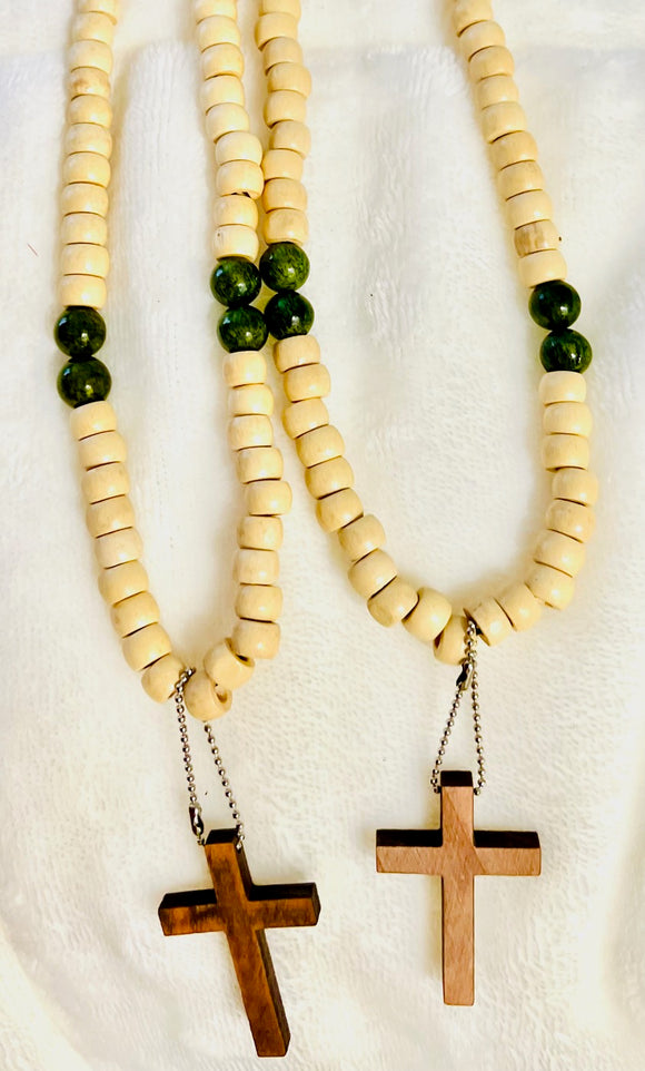 ~Handmade Prayer necklace (**necklace only) Light Natural bead with Glass green bead inset~