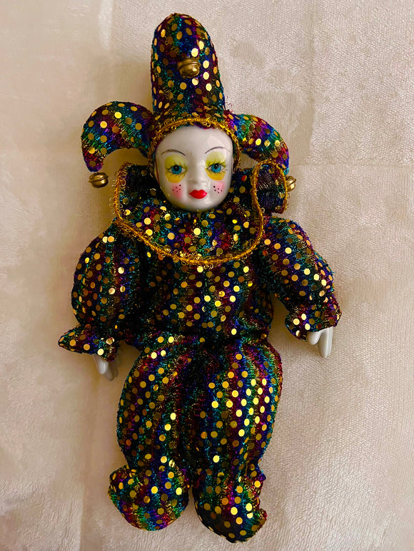 Porcelin Sequined Jester doll! So colorful and cute!